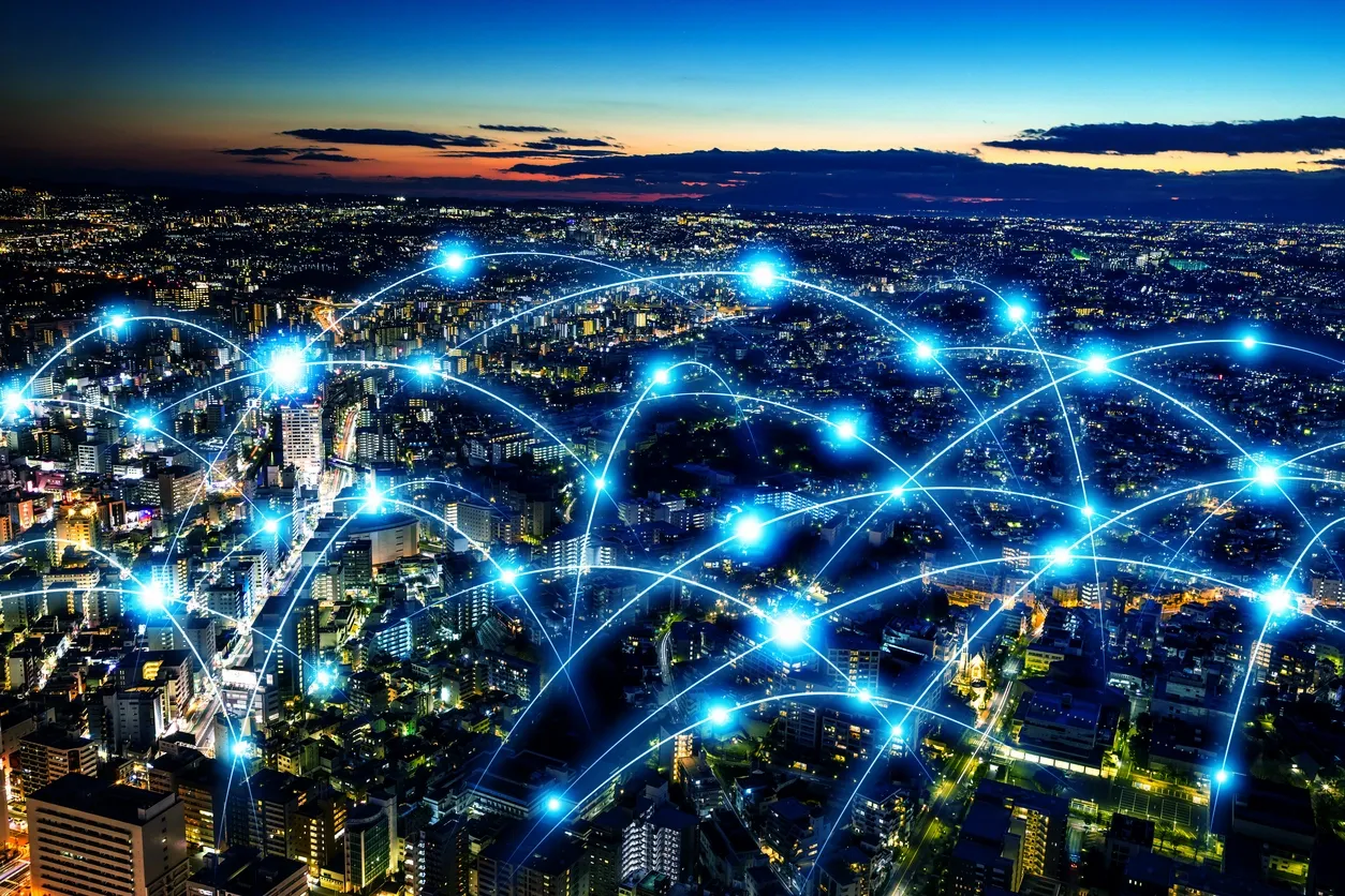 Connected city network at night
