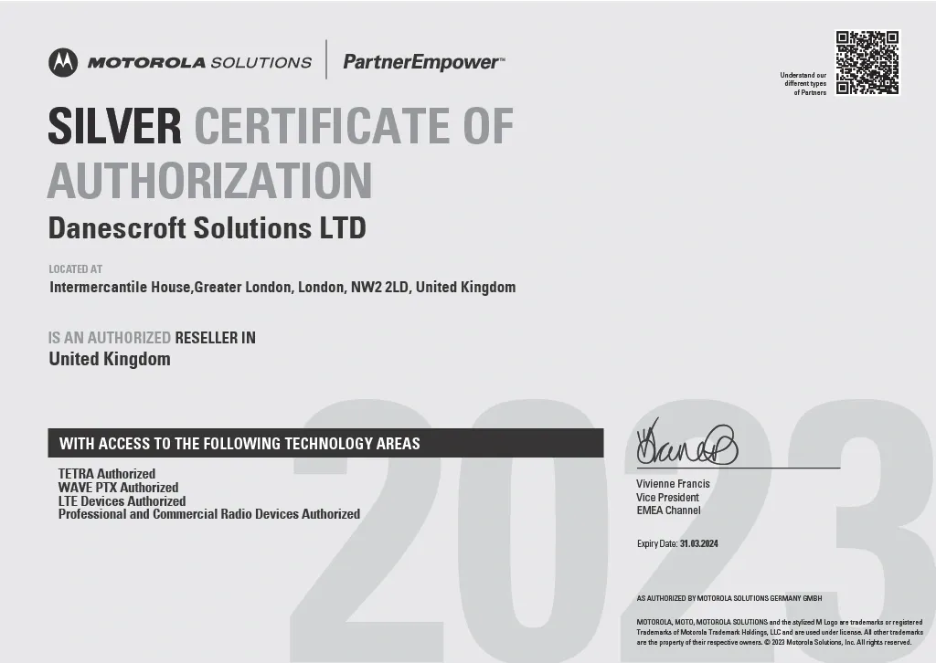 Motorola Solutions Silver Certificate of Authorization – Danescroft Solutions Ltd